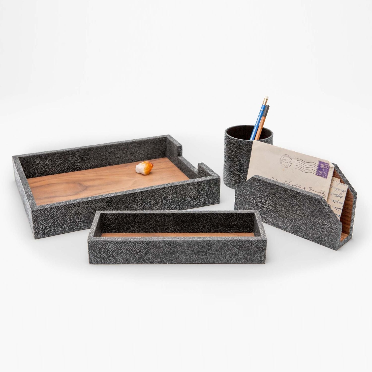 Crosby, Cool Gray, Set: Letter Tray, Envelope Holder, Pencil Tray And Pencil Holder, Realistic Faux