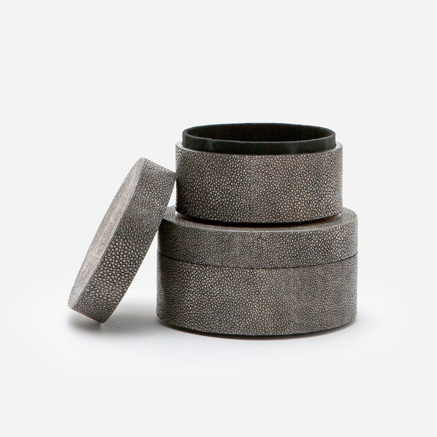 Crosby, Dark Mushroom, S/2 Round Boxes, Realistic Faux Shagreen