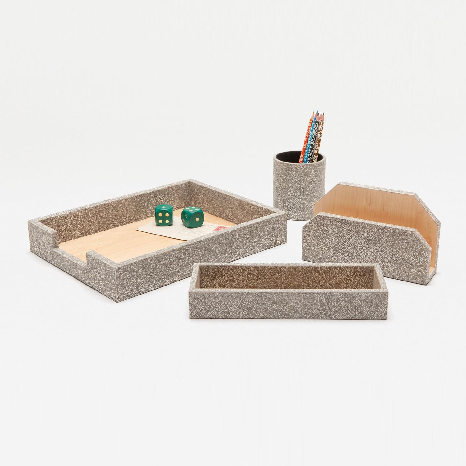Crosby, Sand, Set: Letter Tray, Envelope Holder, Pencil Tray And Pencil Holder, Realistic Faux Shagr
