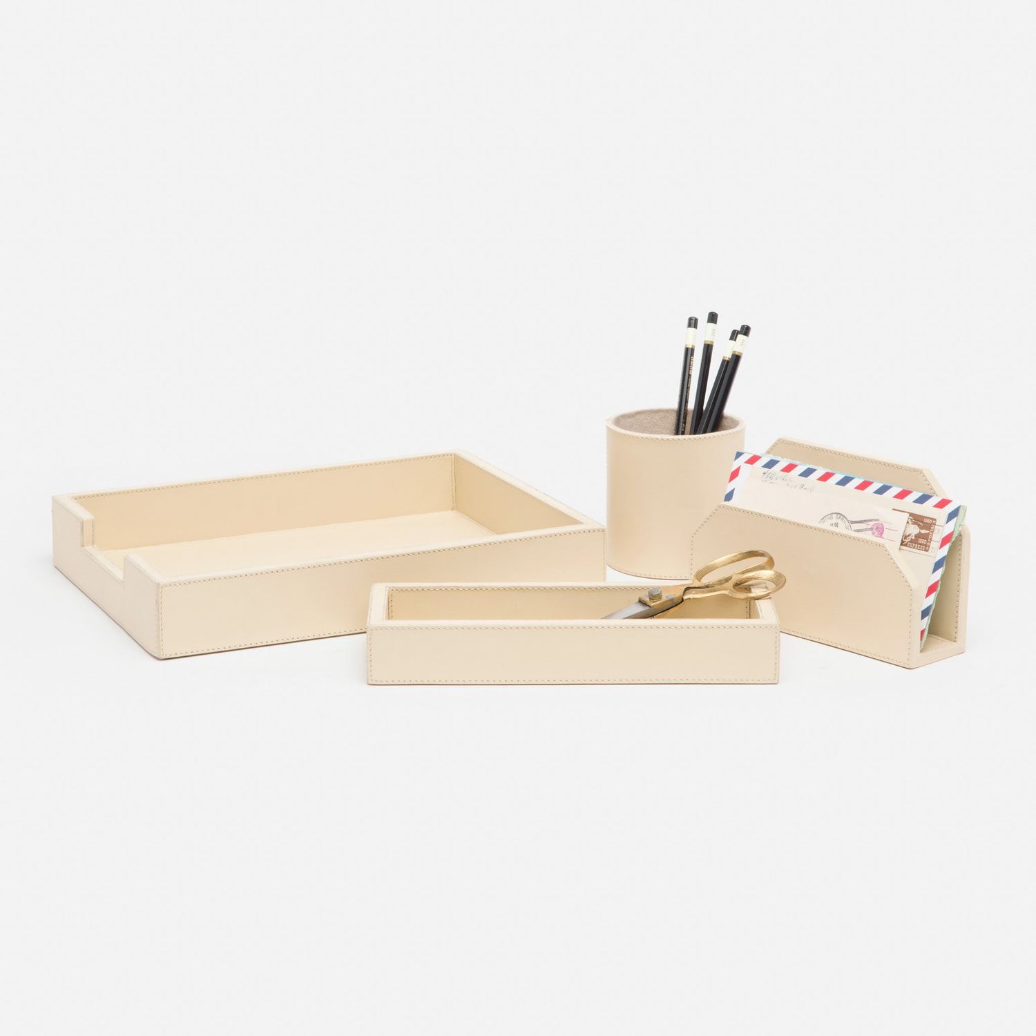 Orsett, Cream, Set: Letter Tray, Envelope Holder, Pencil Tray And Pencil Holder, Full-Grain Leather