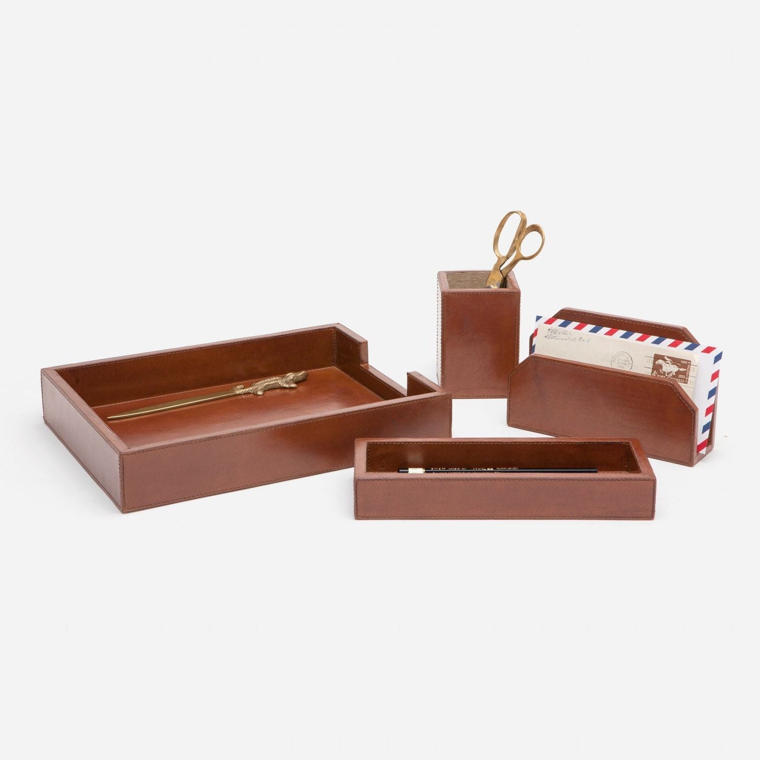 Stirling, Tobacco, Set: Letter Tray, Envelope Holder, Pencil Tray And Pencil Holder, Full-Grain Leat