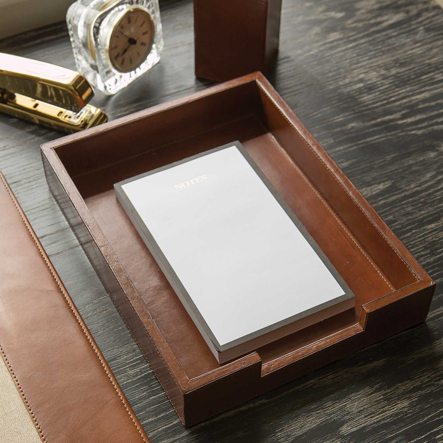 Stirling, Tobacco, Set: Letter Tray, Envelope Holder, Pencil Tray And Pencil Holder, Full-Grain Leat