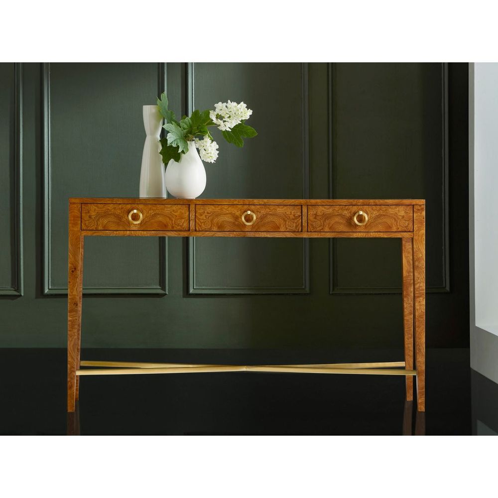 Alternate view of Modernist Three Drawer Hall Console-Burl in warm amber-brown burl wood and gold.