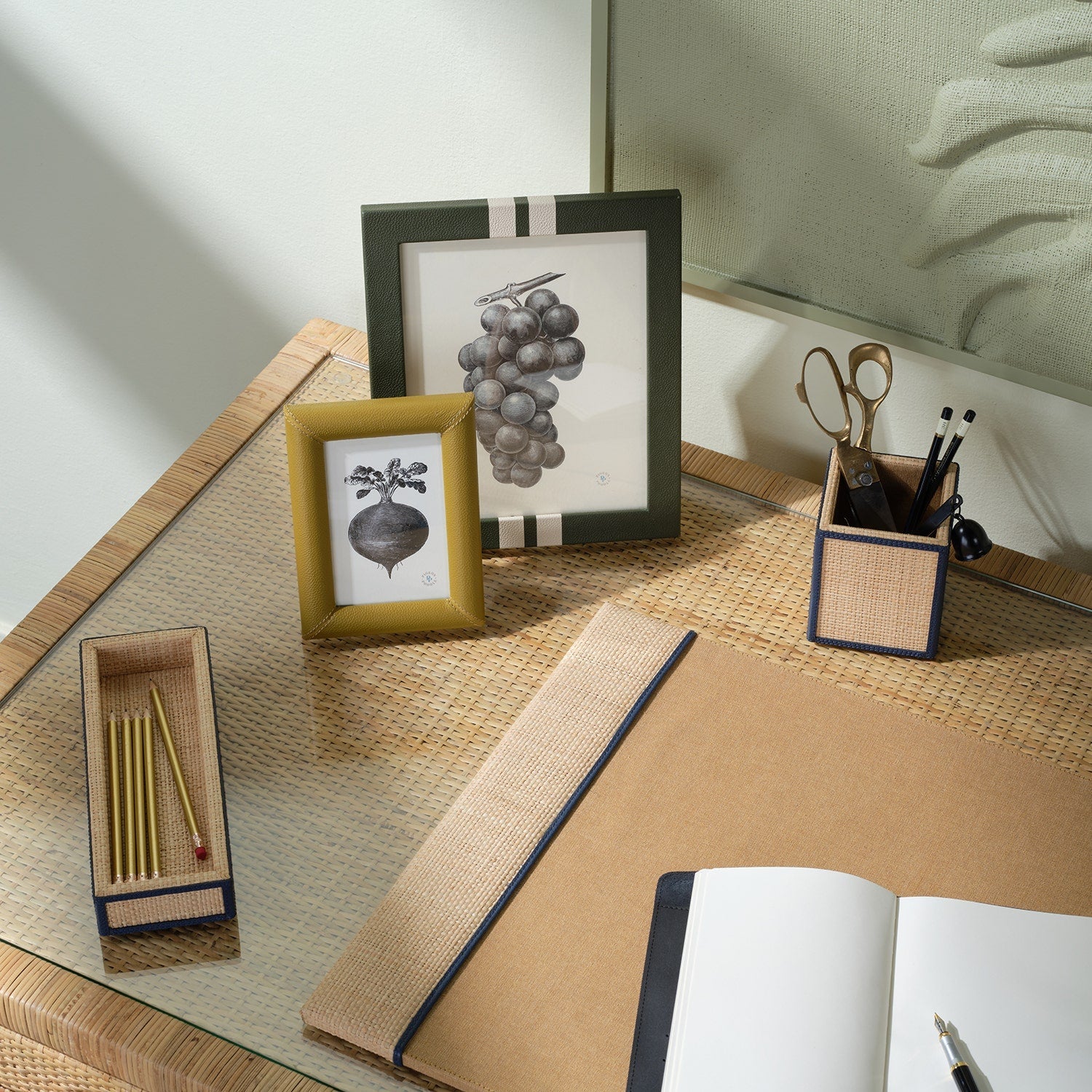 Hanford, Natural/Navy, Set: Desk Blotter And Square Mouse Pad, Raffia/Leather