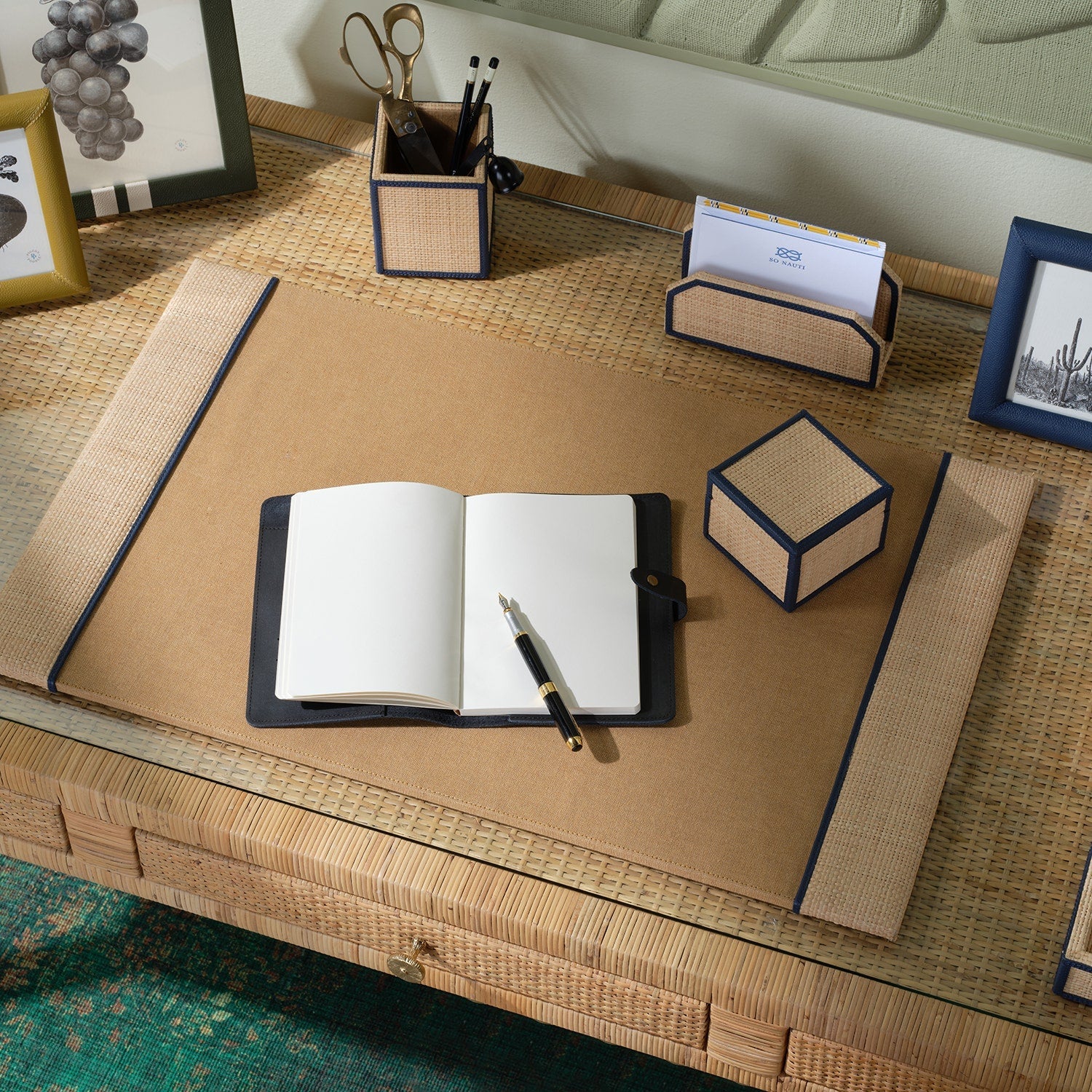 Hanford, Natural/Navy, Set: Desk Blotter And Square Mouse Pad, Raffia/Leather