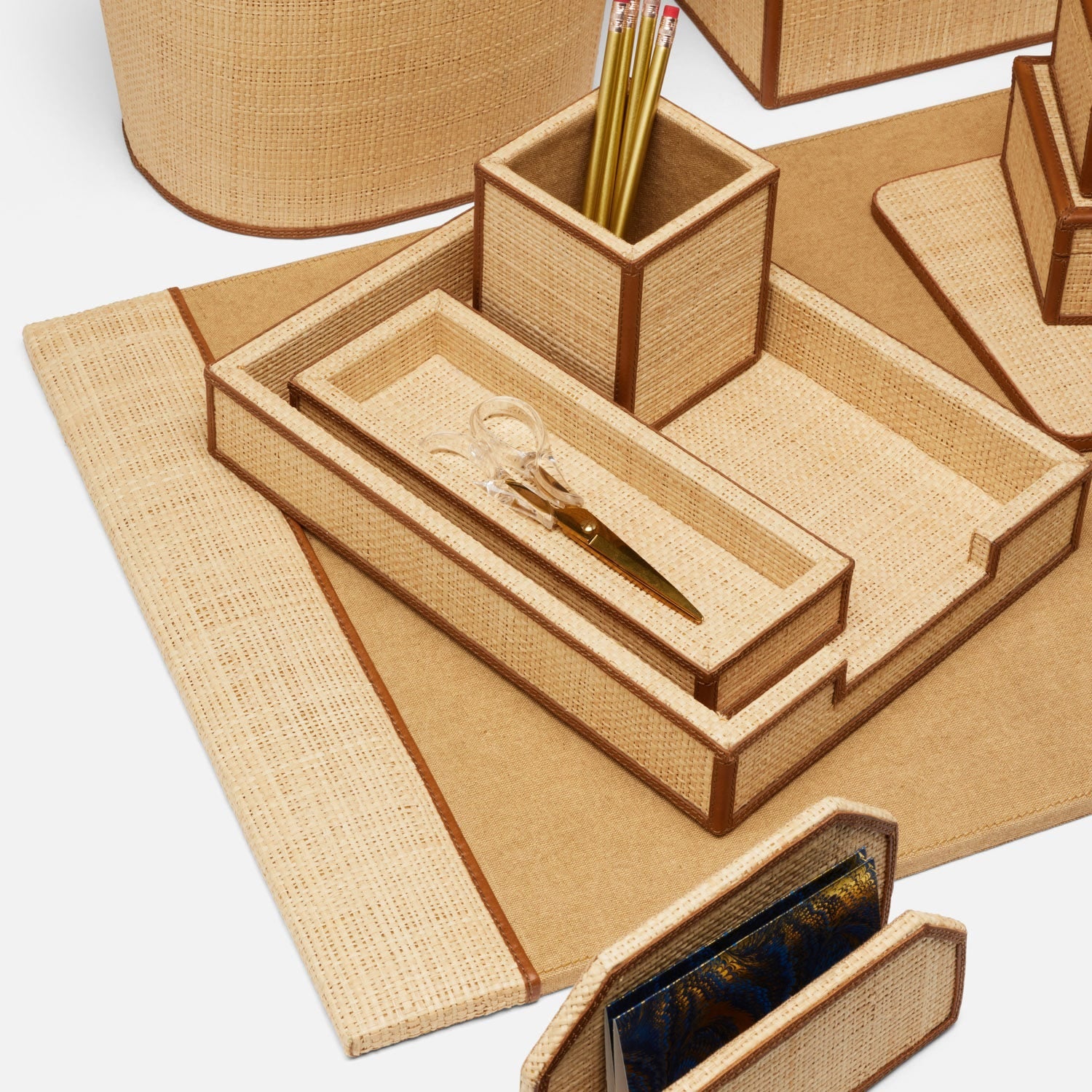Hanford, Natural/Saddle, Set: Desk Blotter And Square Mouse Pad, Raffia/Leather