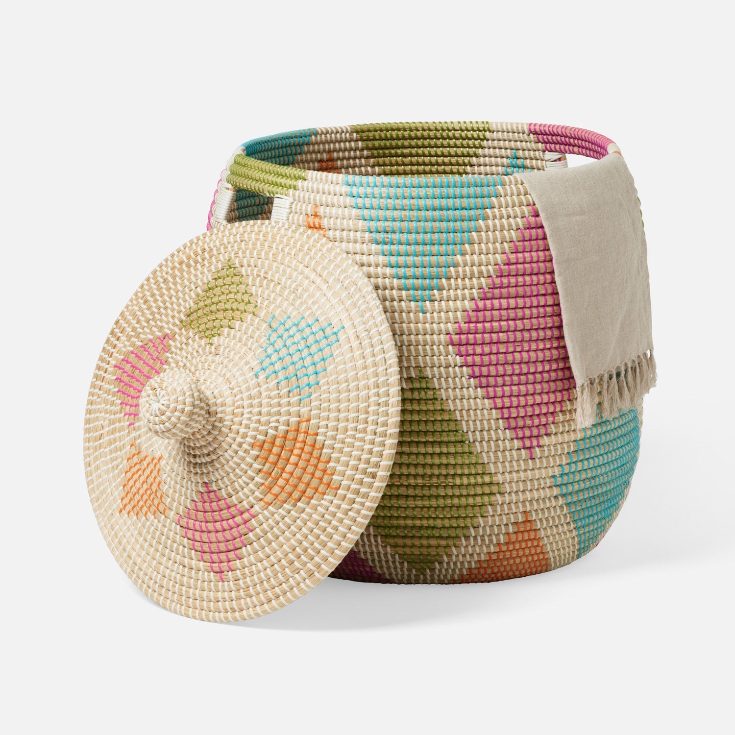 Cora, Multicolor, Hamper W/ Lid, Round, Large, Seagrass