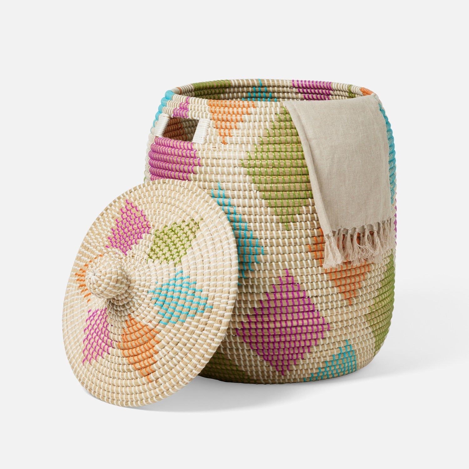 Cora, Multicolor, Hamper W/ Lid, Round, Small, Seagrass