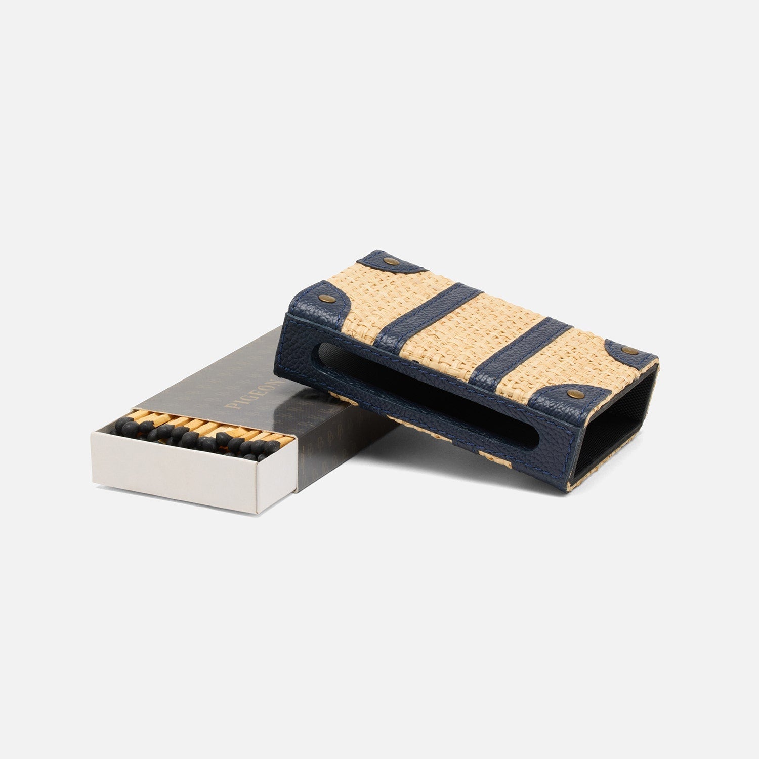 Hanford, Natural/Navy, Match Box And Sleeve, Standard, Raffia/Leather