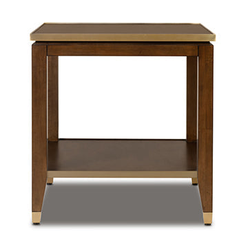 Additional view of Sovereign End Table in walnut brown and brass gold, featuring integrated lower shelf storage.