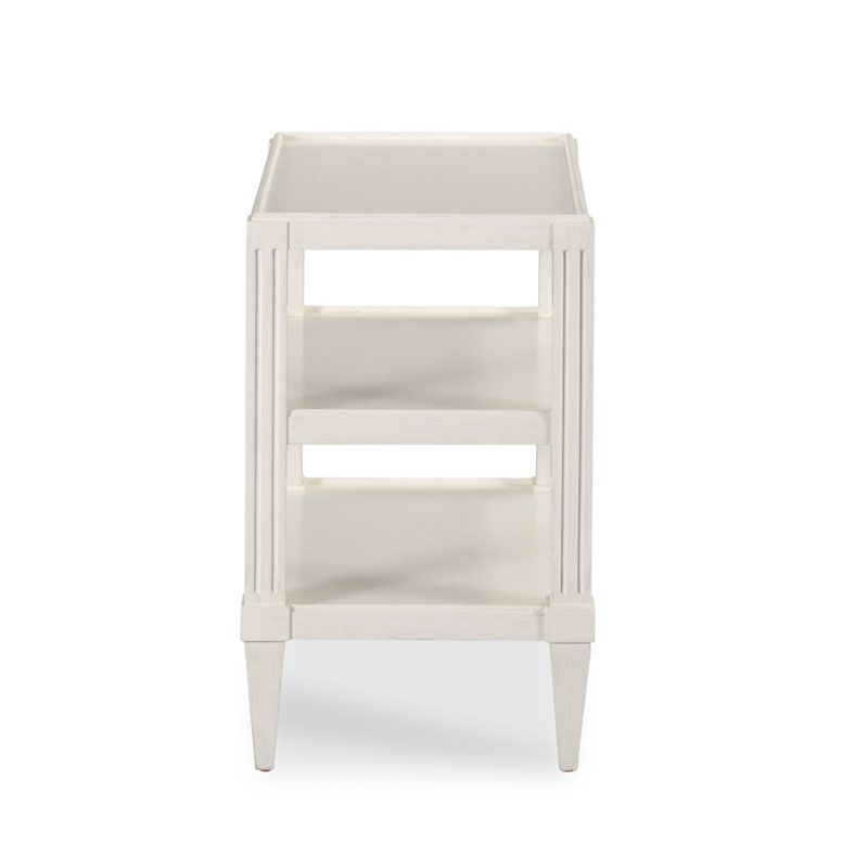 Alternate view of Swedish Tier Table, featuring painted finish, wood, and three open shelves.