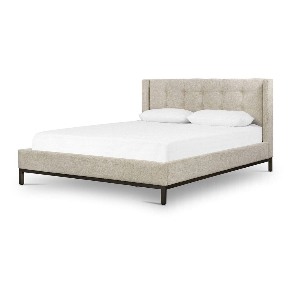 Alternate view of Newton Bed in beige and oatmeal with low rectangular platform frame with tall winged rectangular headboard.