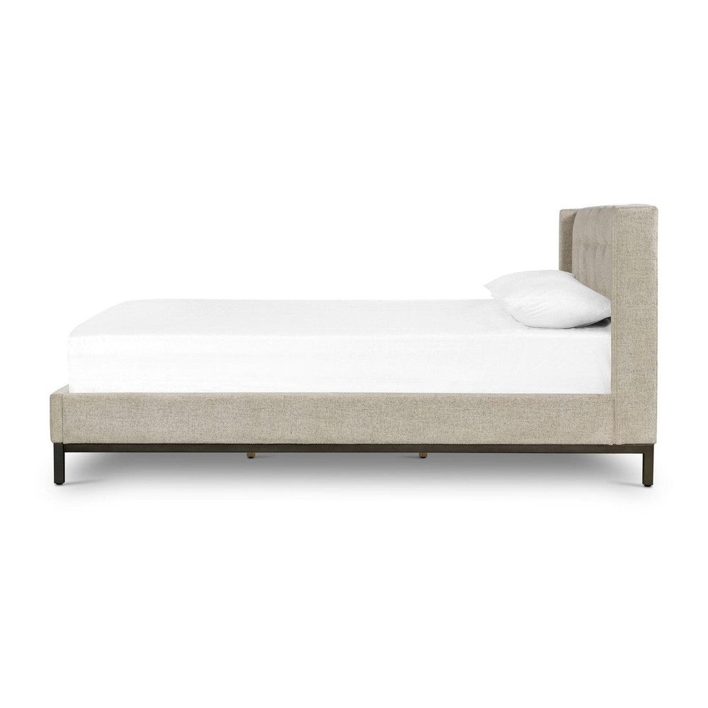 Additional view of Newton Bed in beige and oatmeal, featuring soft upholstered and tall winged headboard.