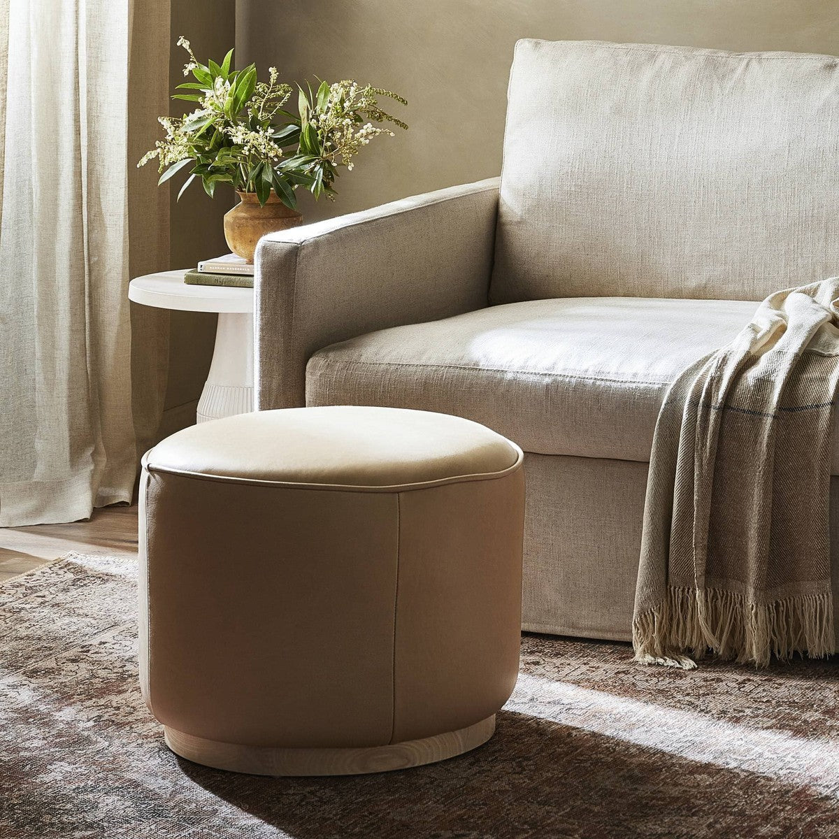 Sinclair Round Ottoman - Harness Burlap