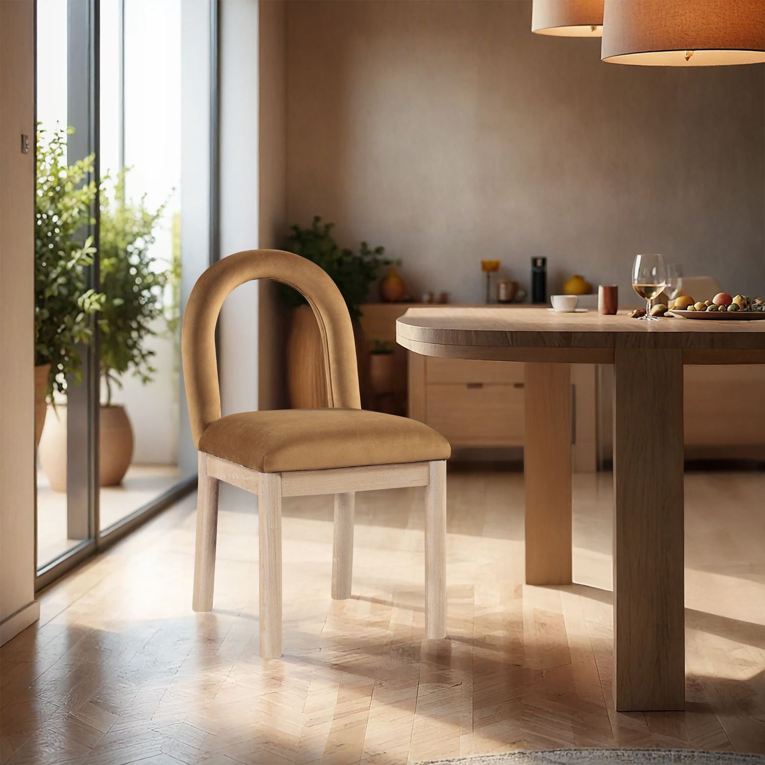 Conrad Velvet Upholstered Dining Chair — Saddle / Natural