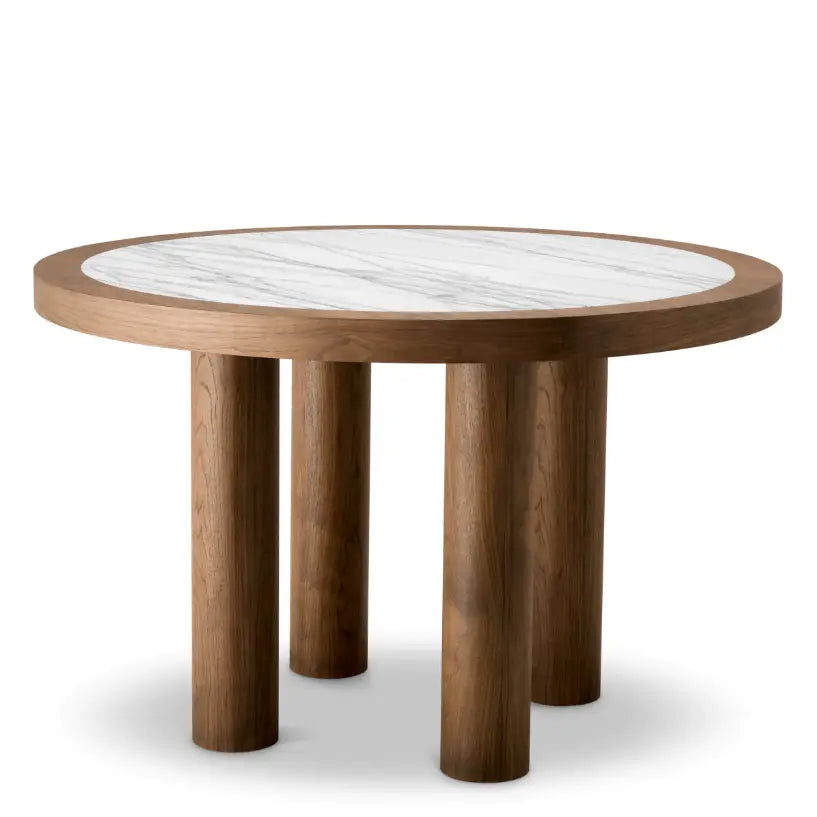 Dining Table Presedio Walnut Veneer Biano Lilac Marble, shown in white and medium walnut brown with marble and walnut veneer.