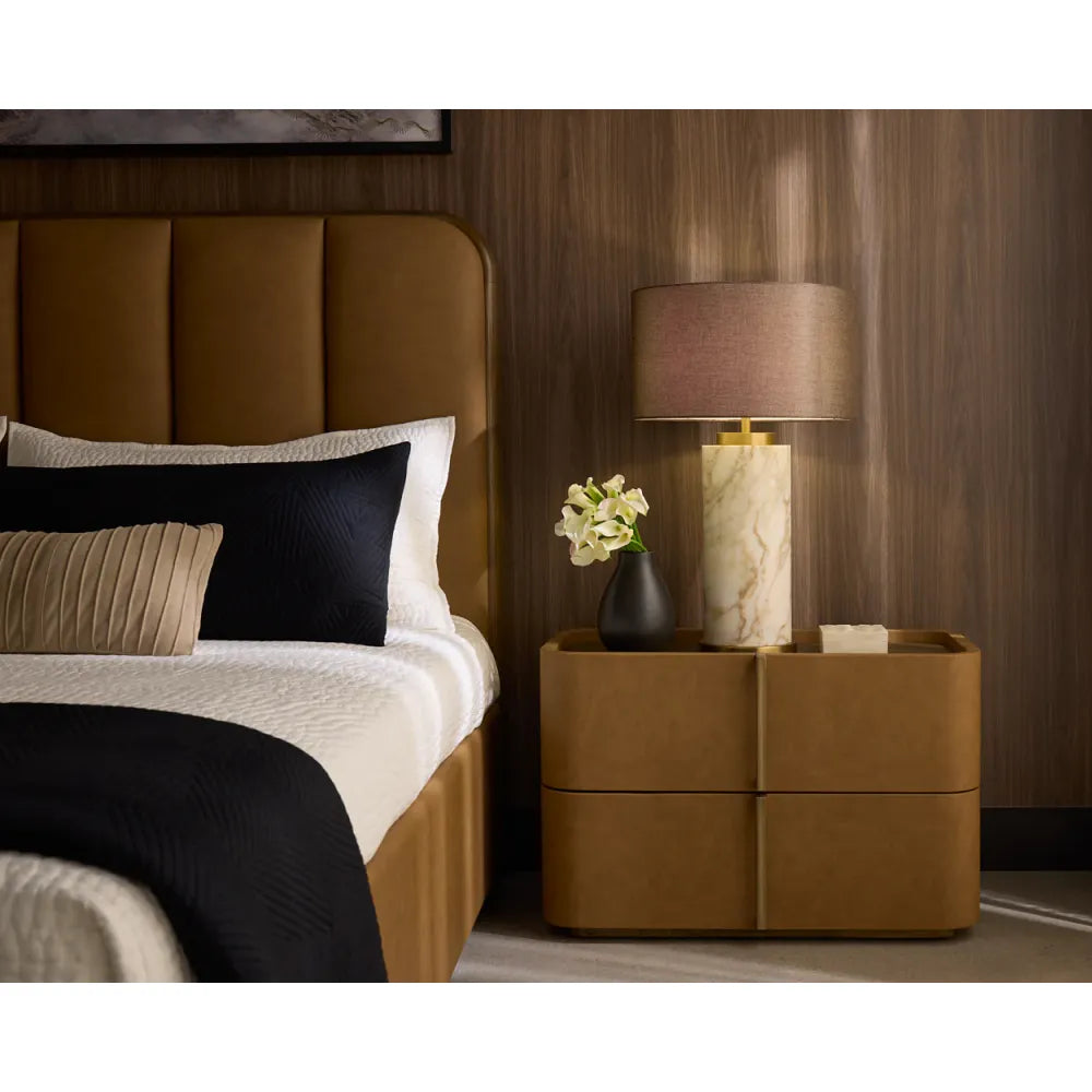 Alternate view of Apollolina Marble Table Lamp in cream white and warm taupe brown.