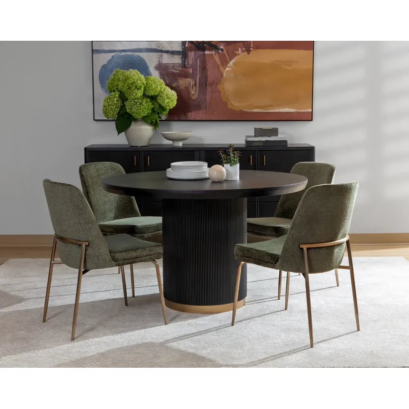 Alternate view of Kalla Dining Table, featuring fluted finish, wood, metal, and a pedestal base.