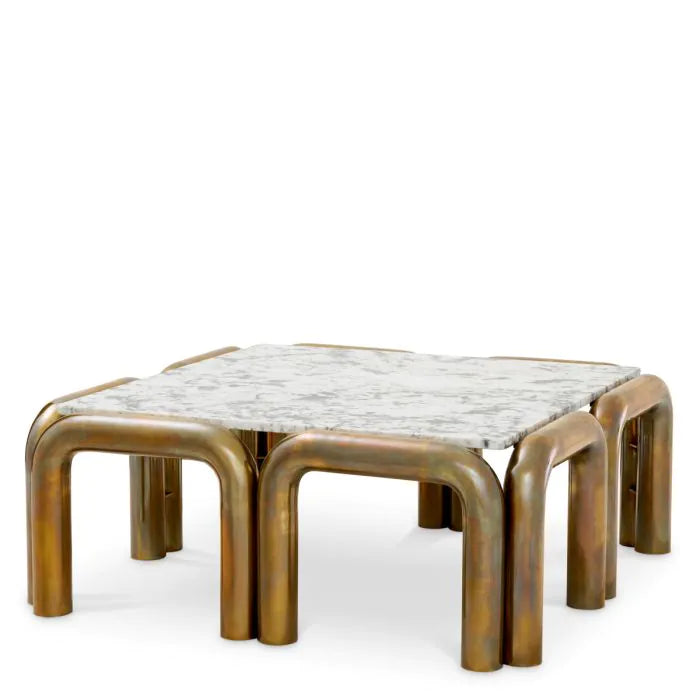 Coffee Table Sunwood vintage brass finish white marble top, shown in white and brass gold with marble and brass.