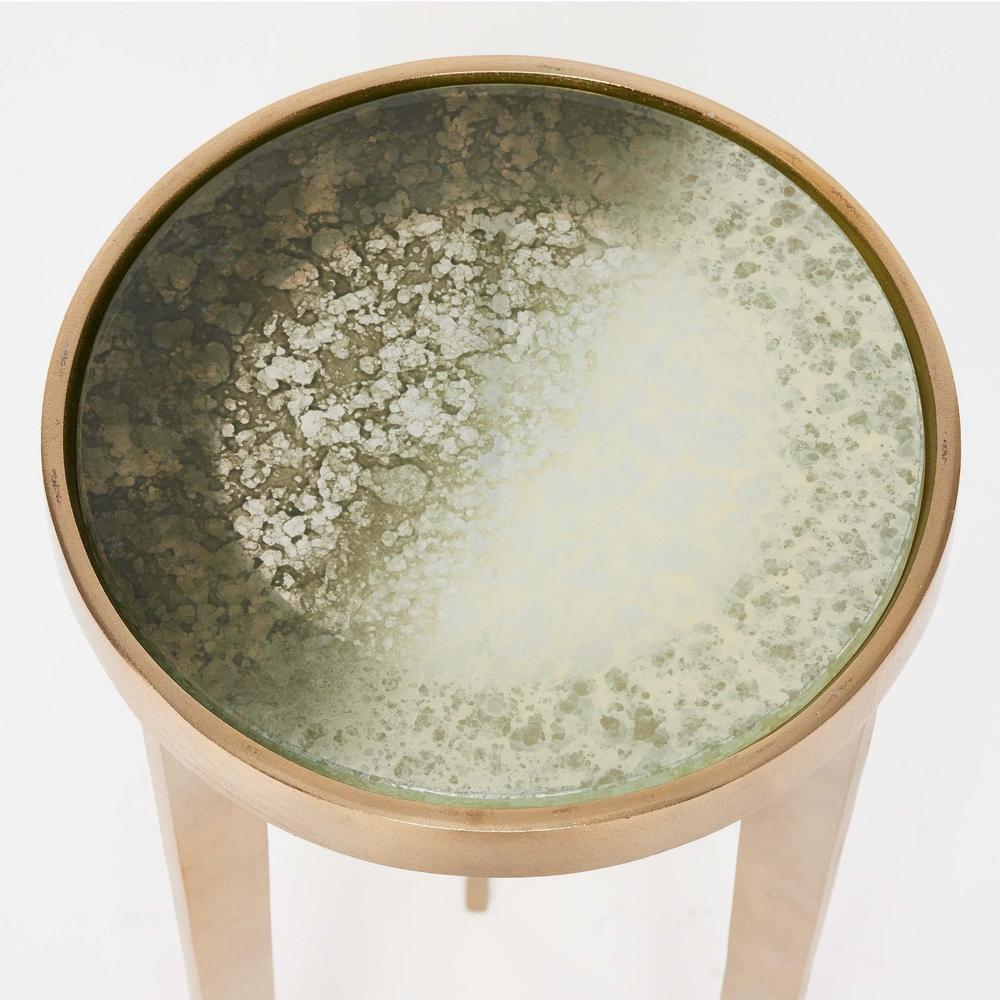 Alternate view of Jan Round Drink Table, featuring textured metallic finish, metal, mirrored glass, and a compact round top.