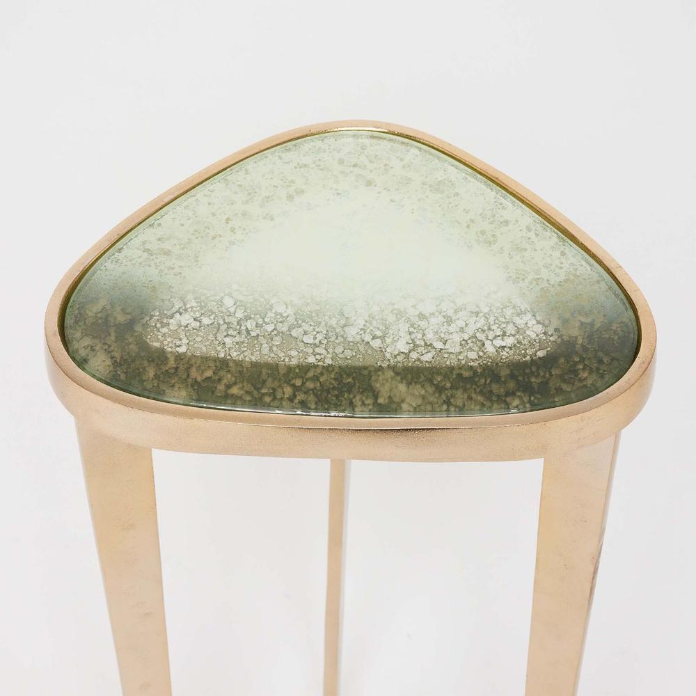 Alternate view of Jan Drink Table, featuring antiqued mirror finish, metal, glass, and a compact elevated surface.