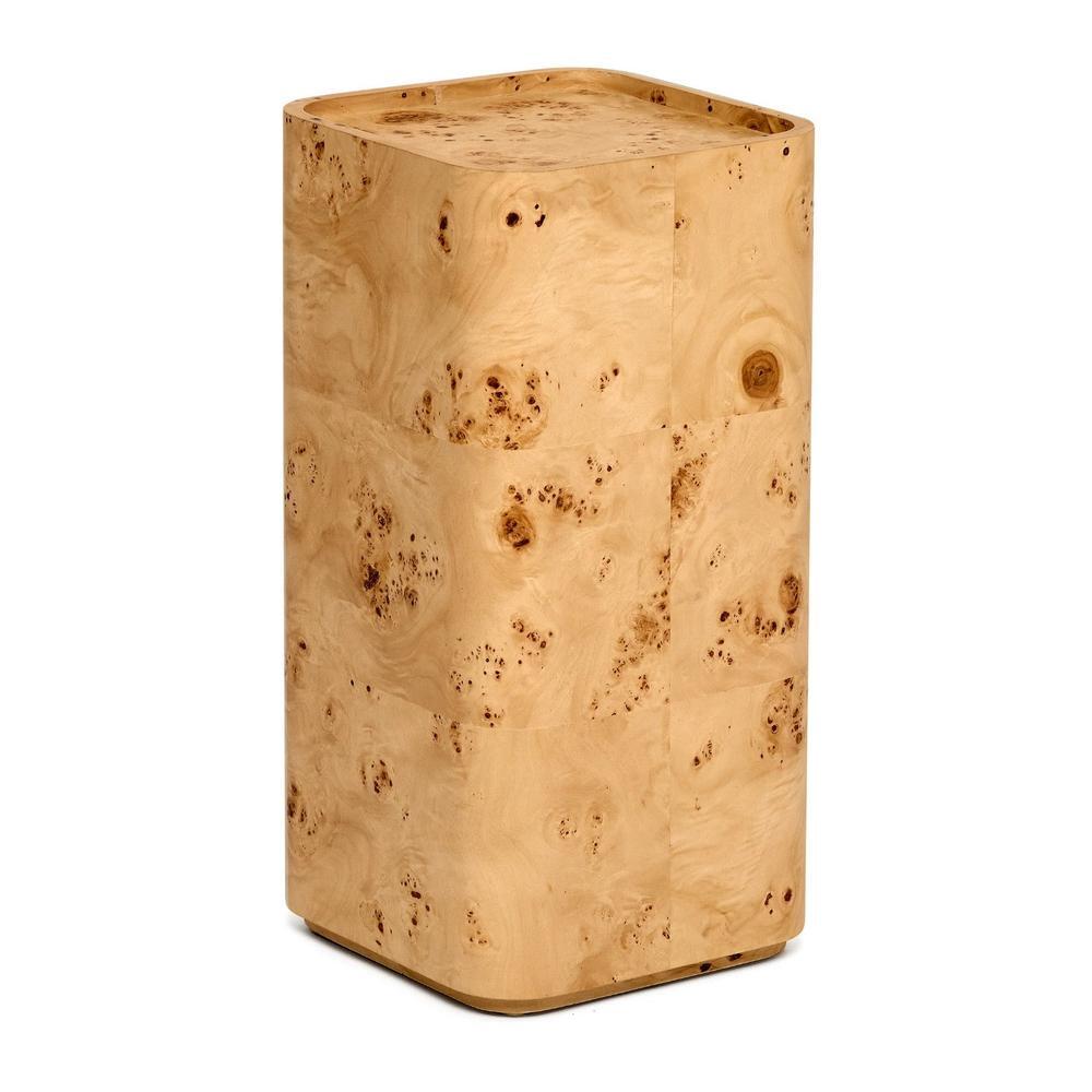 Alternate view of Rayne Drink Table, featuring natural clear coat, burl wood, wood veneer, and a recessed tray top surface.