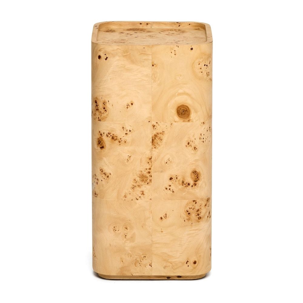 Rayne Drink Table, shown in light blonde and warm beige with burl wood, wood veneer, and a recessed tray top surface.