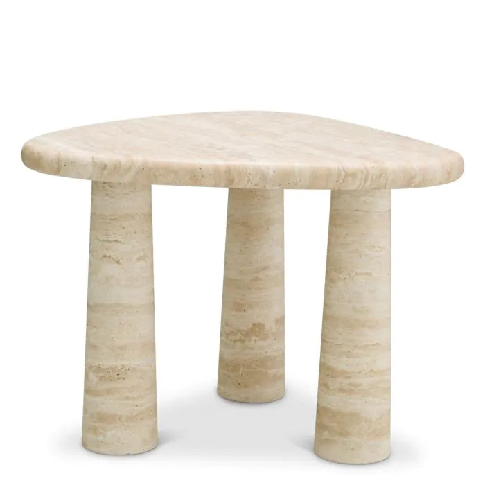 Side Table Larino S travertine, shown in beige and cream with travertine, natural stone, and three solid cylindrical legs.