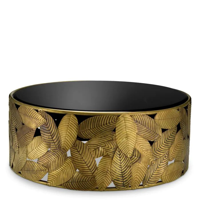 Coffee Table Botanico vintage brass finish, shown in brass gold and black with metal and glass.