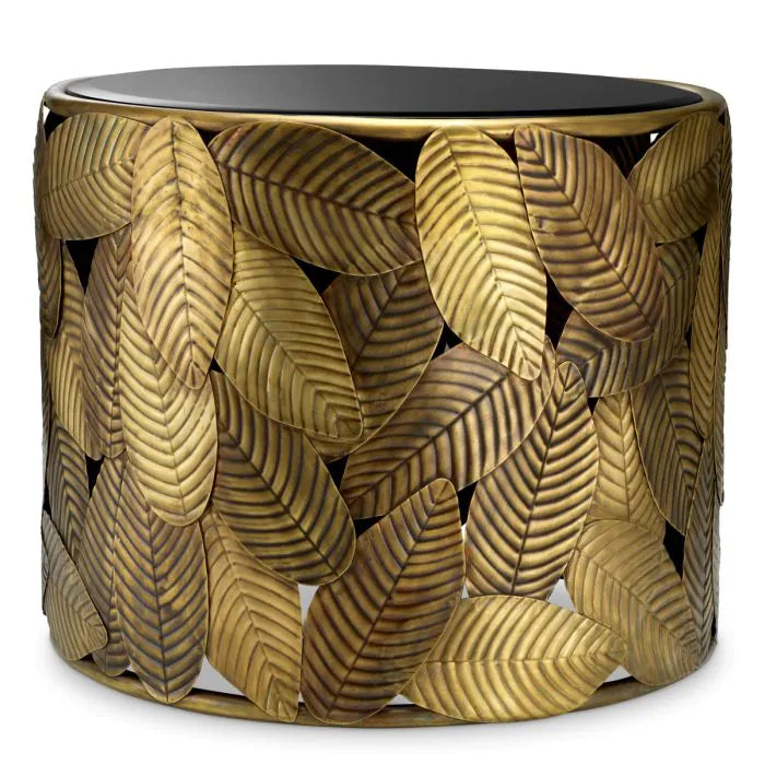 Additional view of Side Table Botanico vintage brass finish, featuring metal, glass, and a beveled black glass top surface.