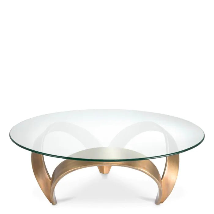 Coffee Table Soquel vintage brass finish, shown in antique brass and clear with glass, metal, and a circular clear glass top.
