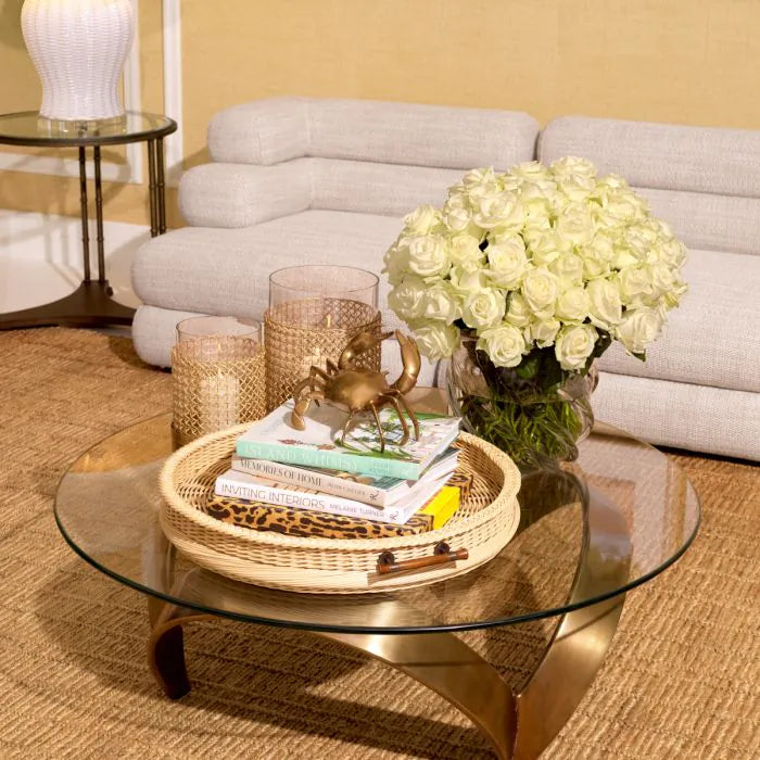 Alternate view of Coffee Table Soquel vintage brass finish, featuring glass, metal, and a circular clear glass top.