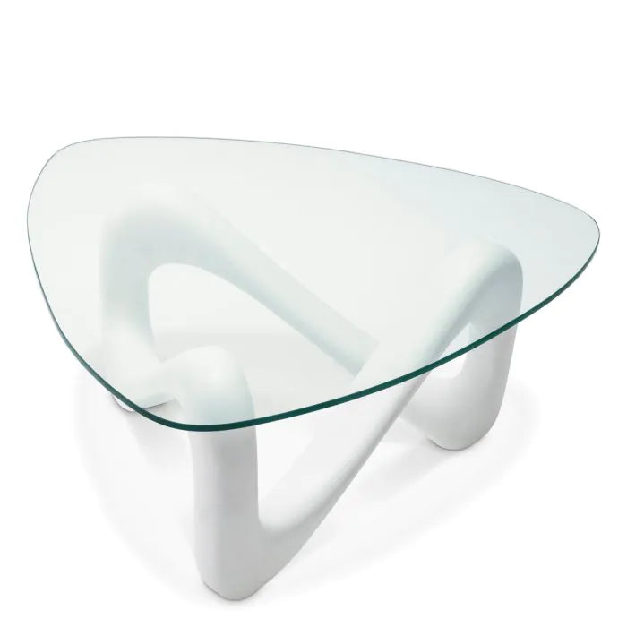 Additional view of Coffee Table Aventura off white concrete look, showing rounded triangular in off-white and clear.