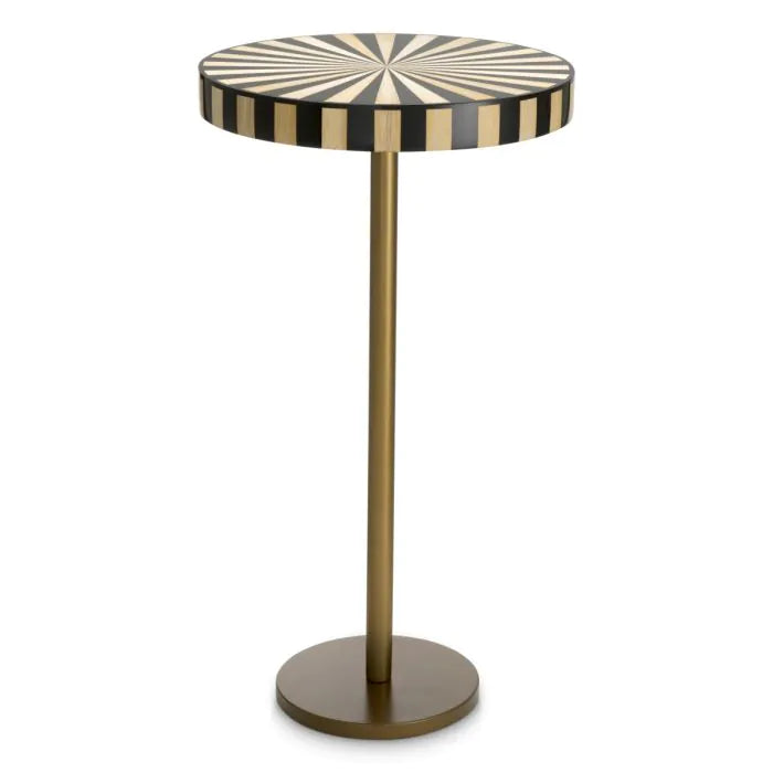 Side Table Albany antique brass finish marquetry top, shown in black and ivory with metal and straw marquetry.