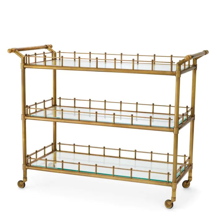 Trolley Scarlett L vintage brass finish, shown in antique brass and warm gold with metal and glass.