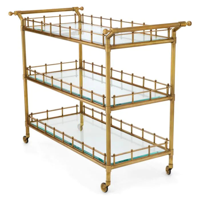 Additional view of Trolley Scarlett L vintage brass finish, featuring metal, glass, and three-tier glass shelving.