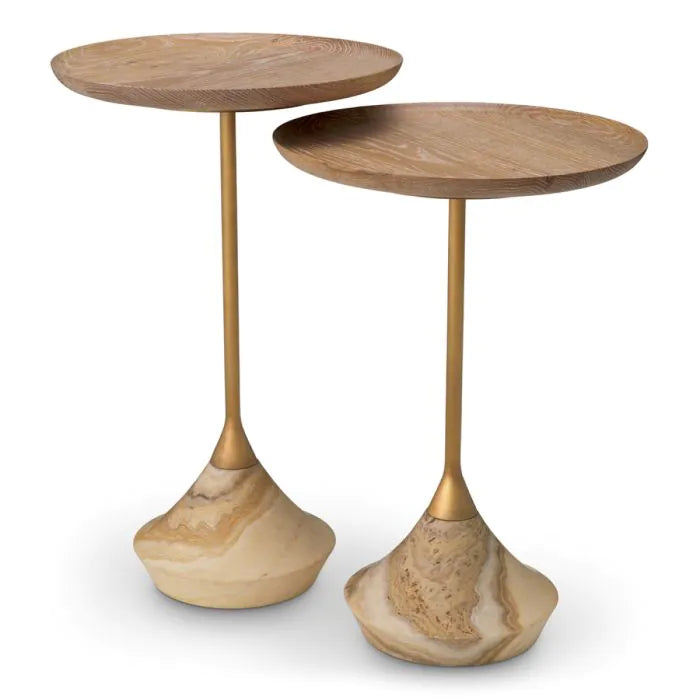 Side Table Puglia onyx set of 2, shown in light natural wood and brushed gold brass with wood and brass.