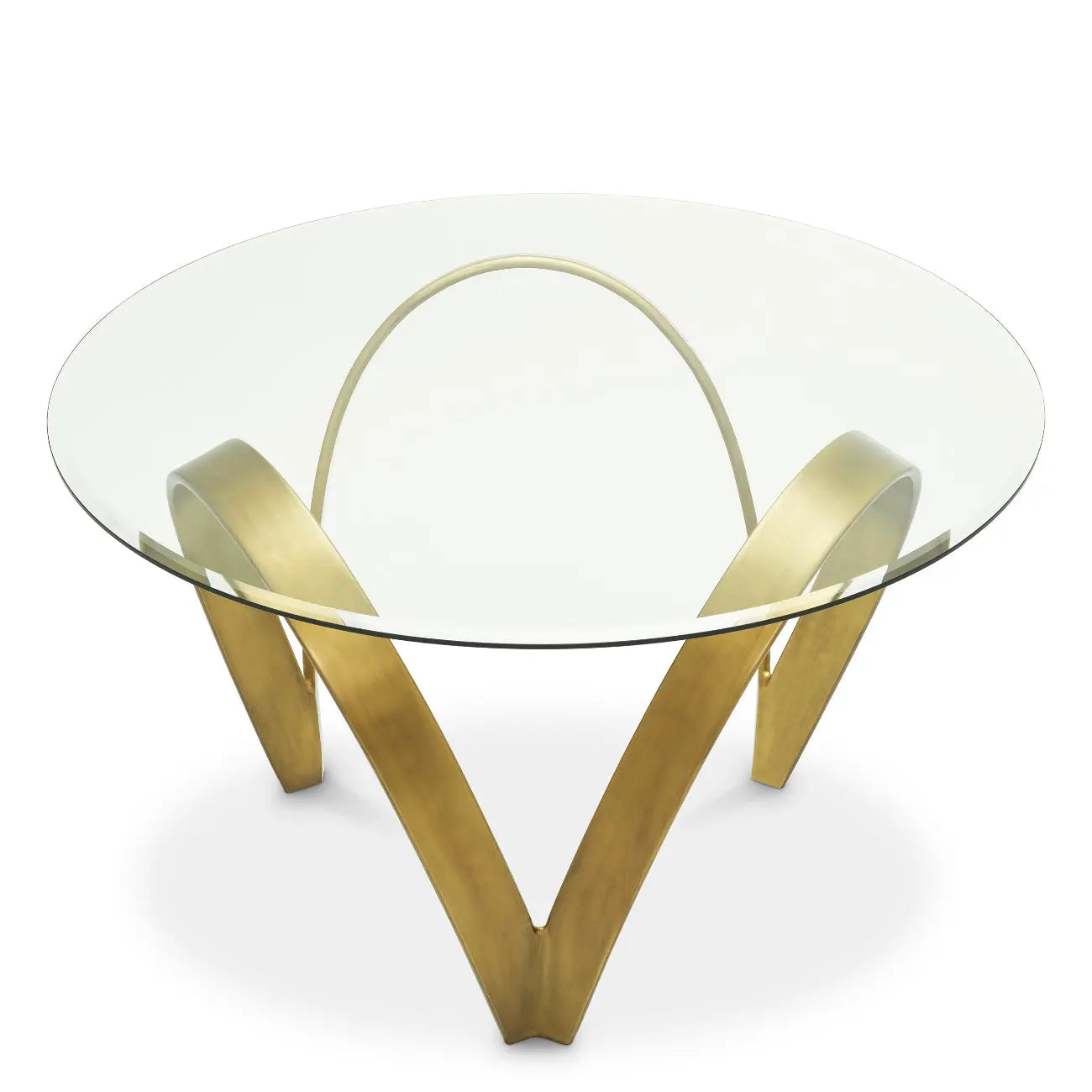 Alternate view of Dining Table Soquel Vintage Brass Finish, featuring metal, glass, and a round clear glass top.