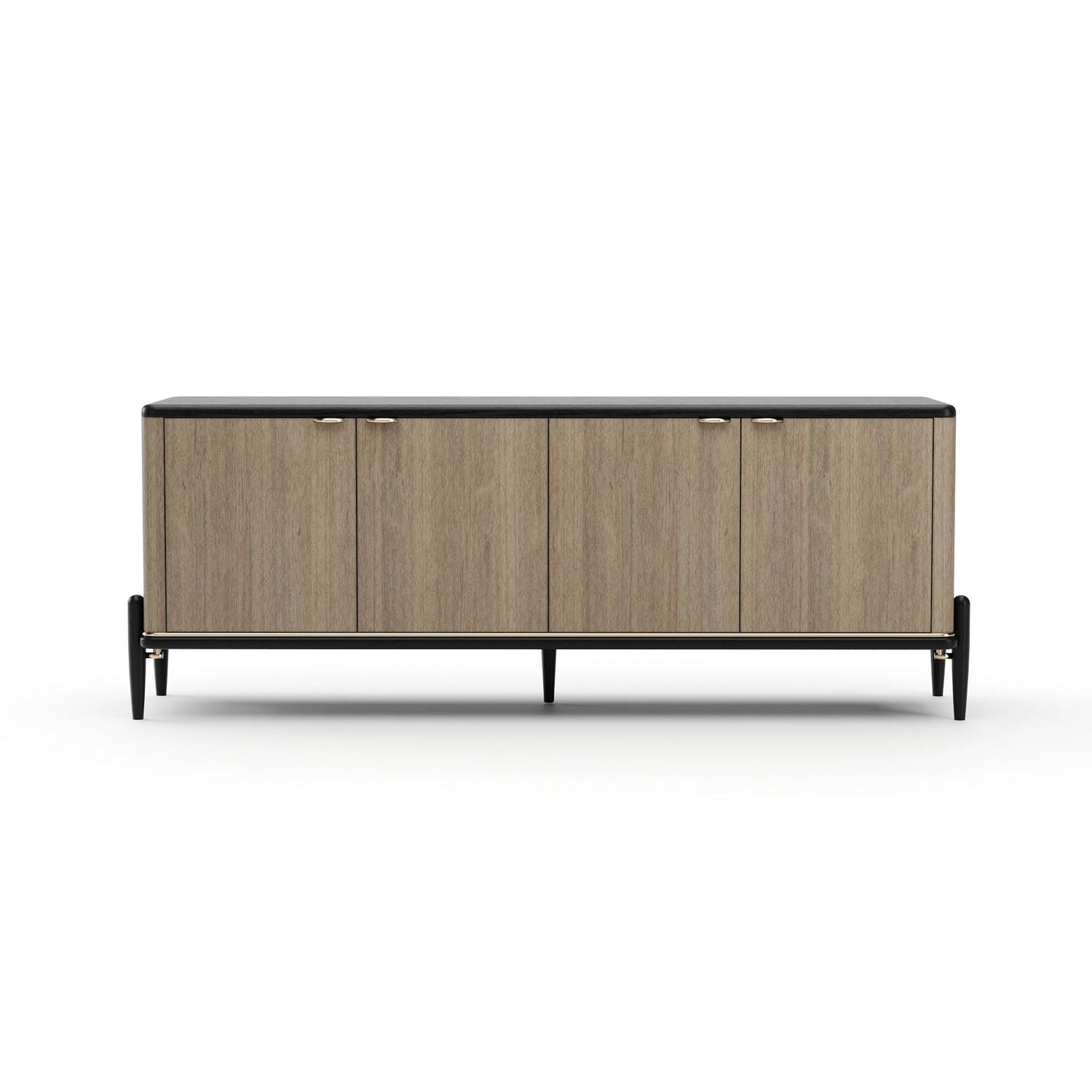 Madera Sideboard 79, shown in light oak wood and black with wood veneer, solid wood, and four-door enclosed storage cabinet.