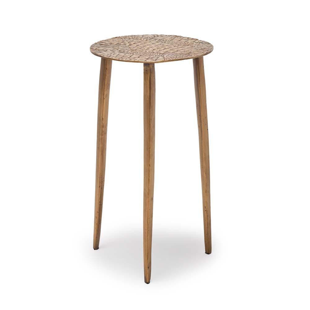 Saxon Accent Table, shown in antique brass and gold with metal, brass, and three fixed tapered legs.