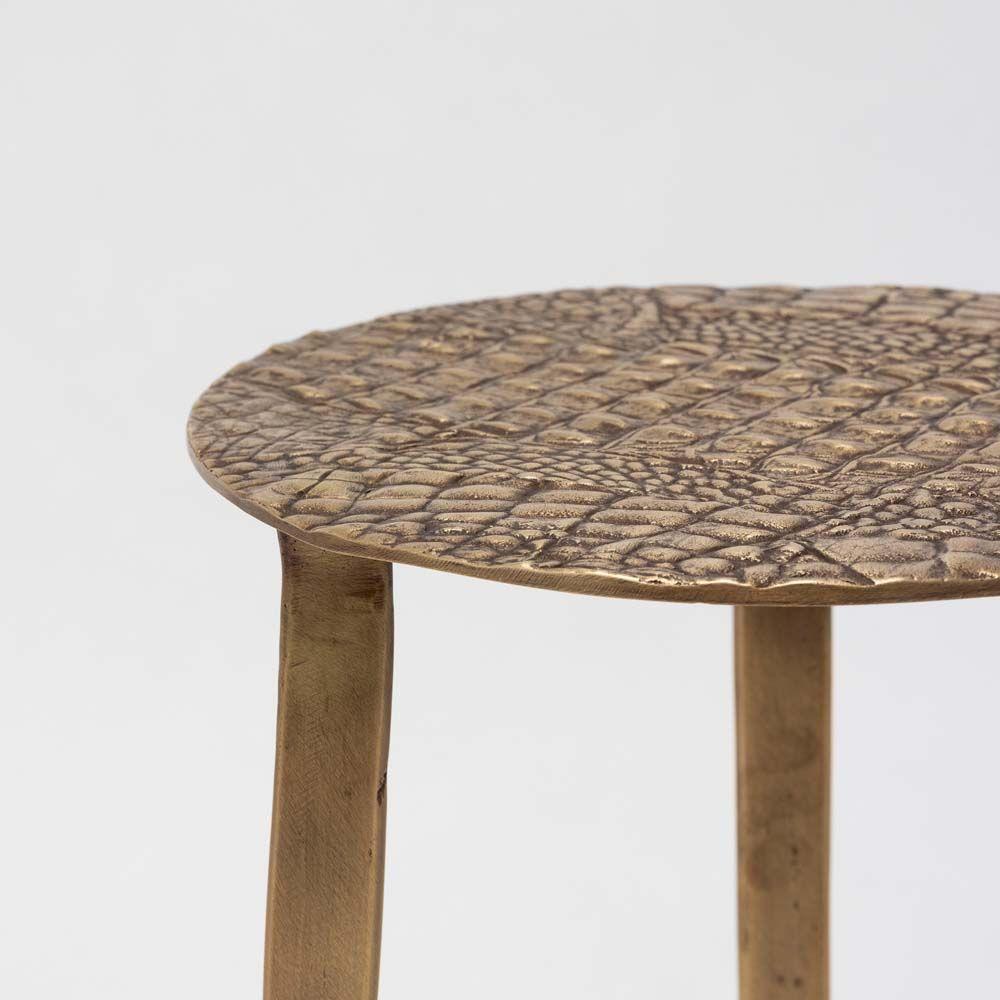 Additional view of Saxon Accent Table in antique brass and gold, featuring textured finish and three fixed tapered legs.