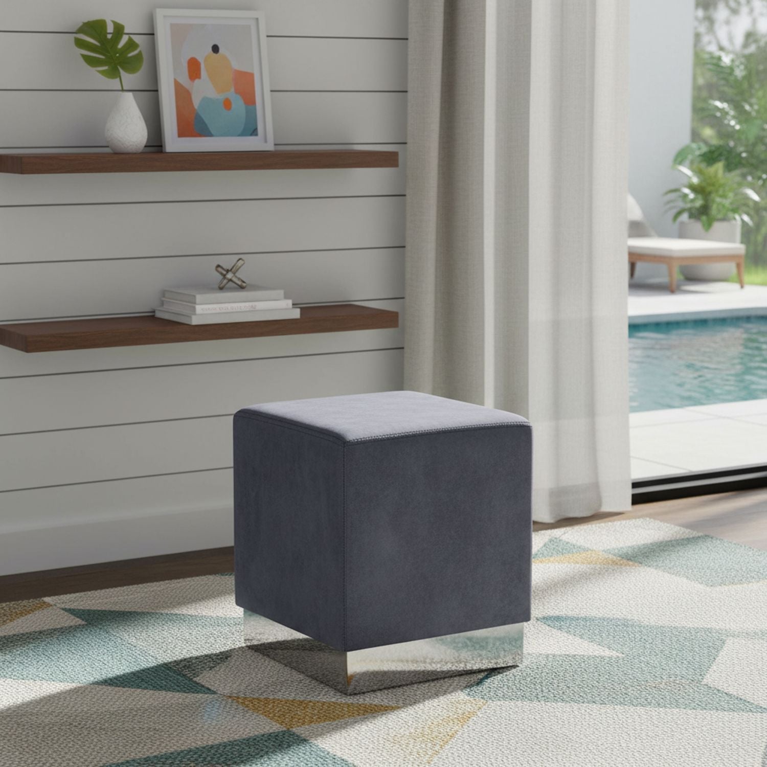 Jax Velvet Upholstered Stool — Grey / Chrome