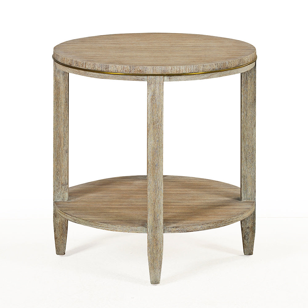 Alternate view of Antioch Side Table, featuring distressed, wood, wood veneer, and open lower circular shelf.