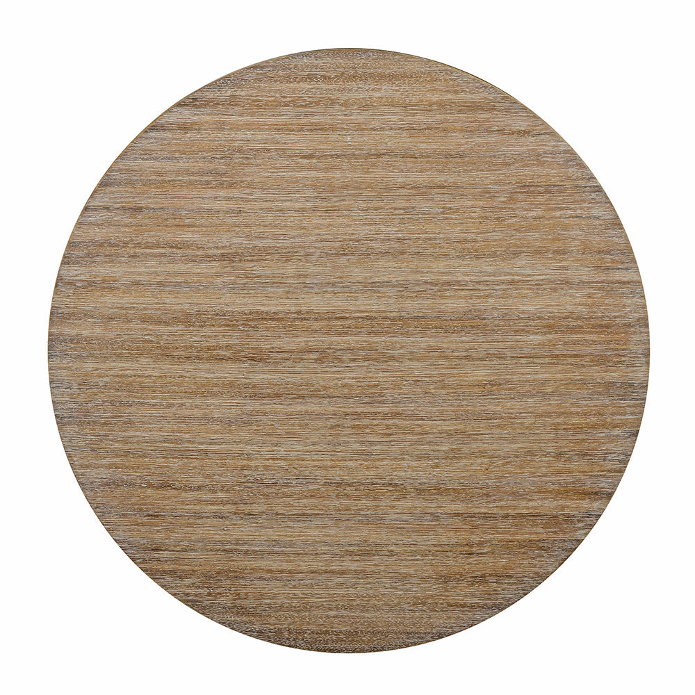 Additional view of Antioch Side Table in light tan and warm beige, featuring distressed and open lower circular shelf.