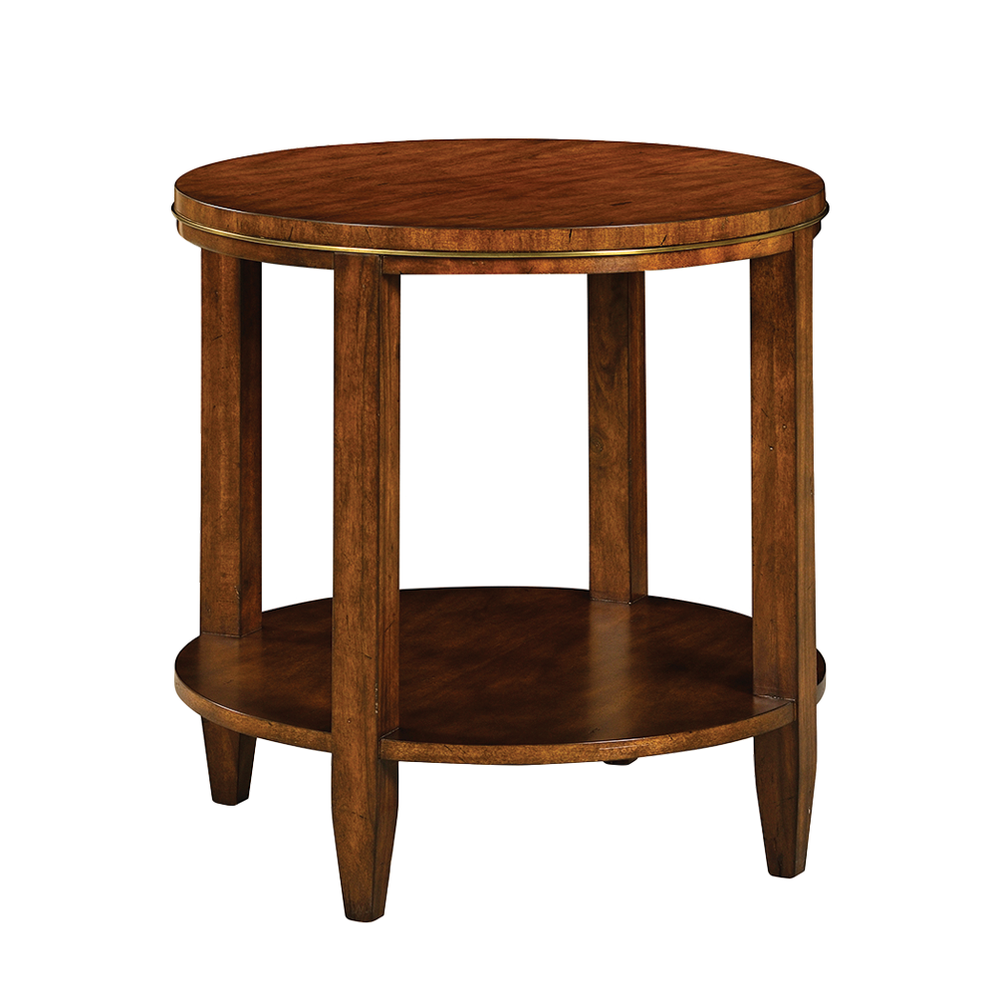 Antioch Side Table, shown in warm medium brown and chestnut brown with wood, wood veneer, and open lower storage shelf.