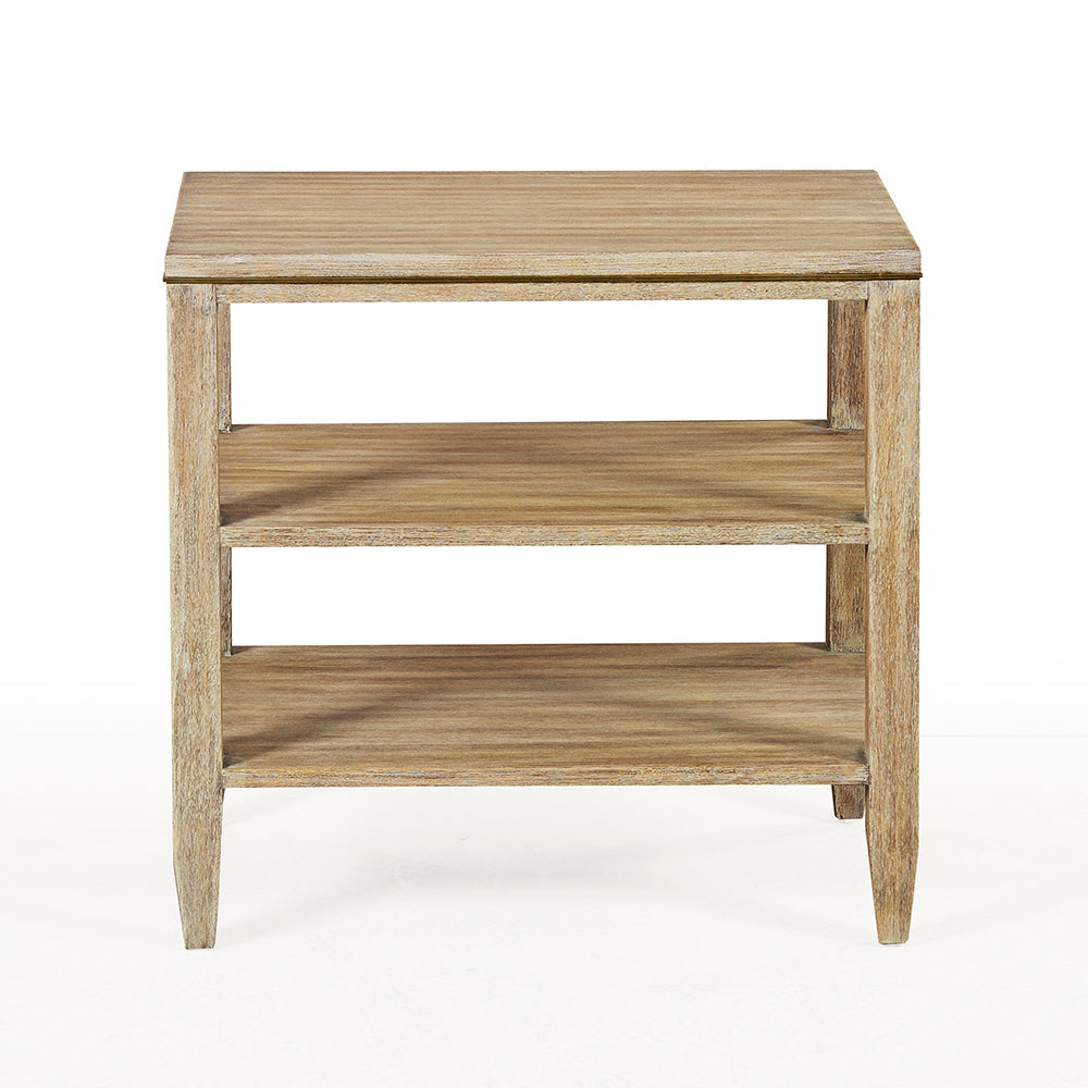 Additional view of Canby Side Table in light beige and warm tan, featuring weathered finish and two open lower shelves.