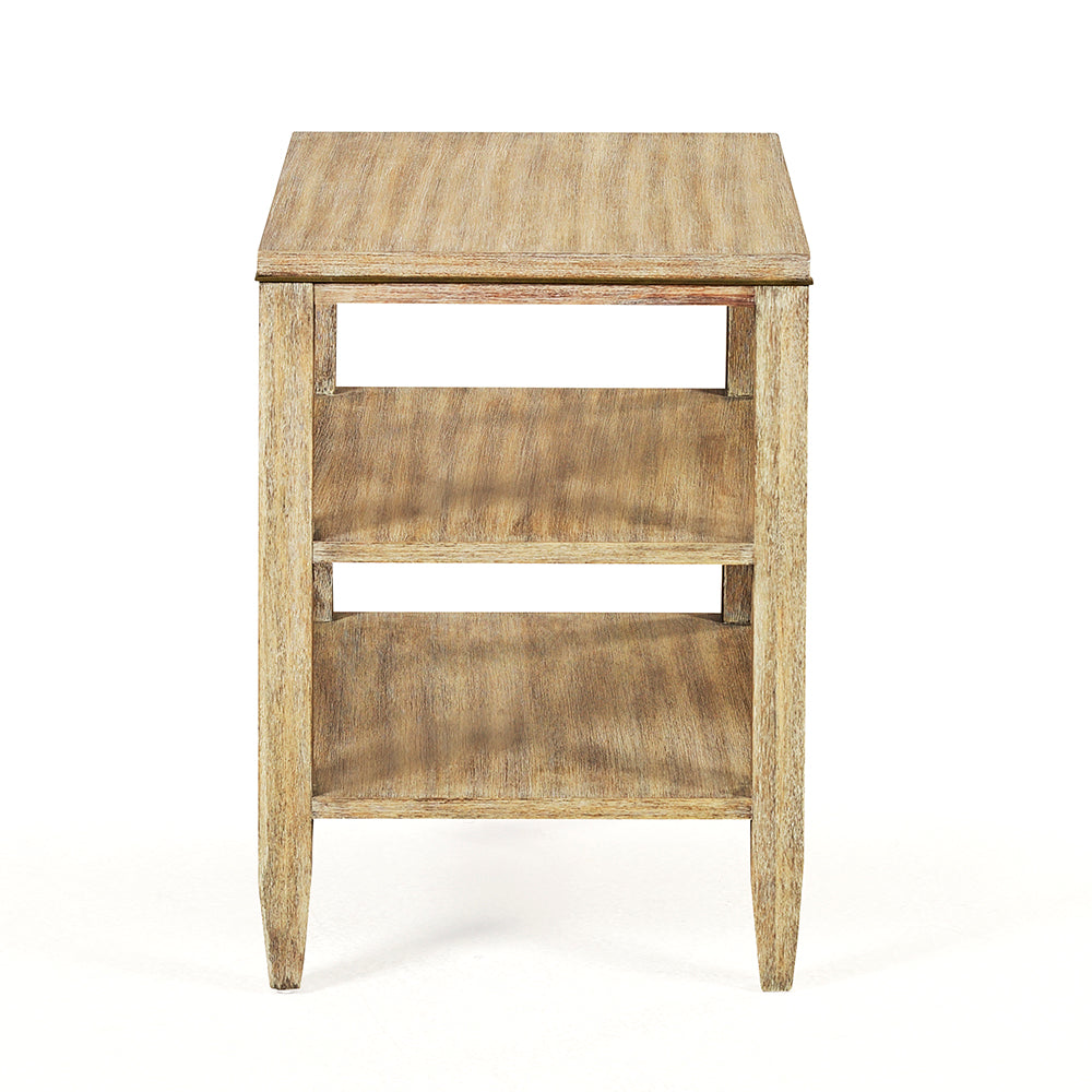 Alternate view of Canby Side Table, featuring weathered finish, wood, acacia veneer, and two open lower shelves.
