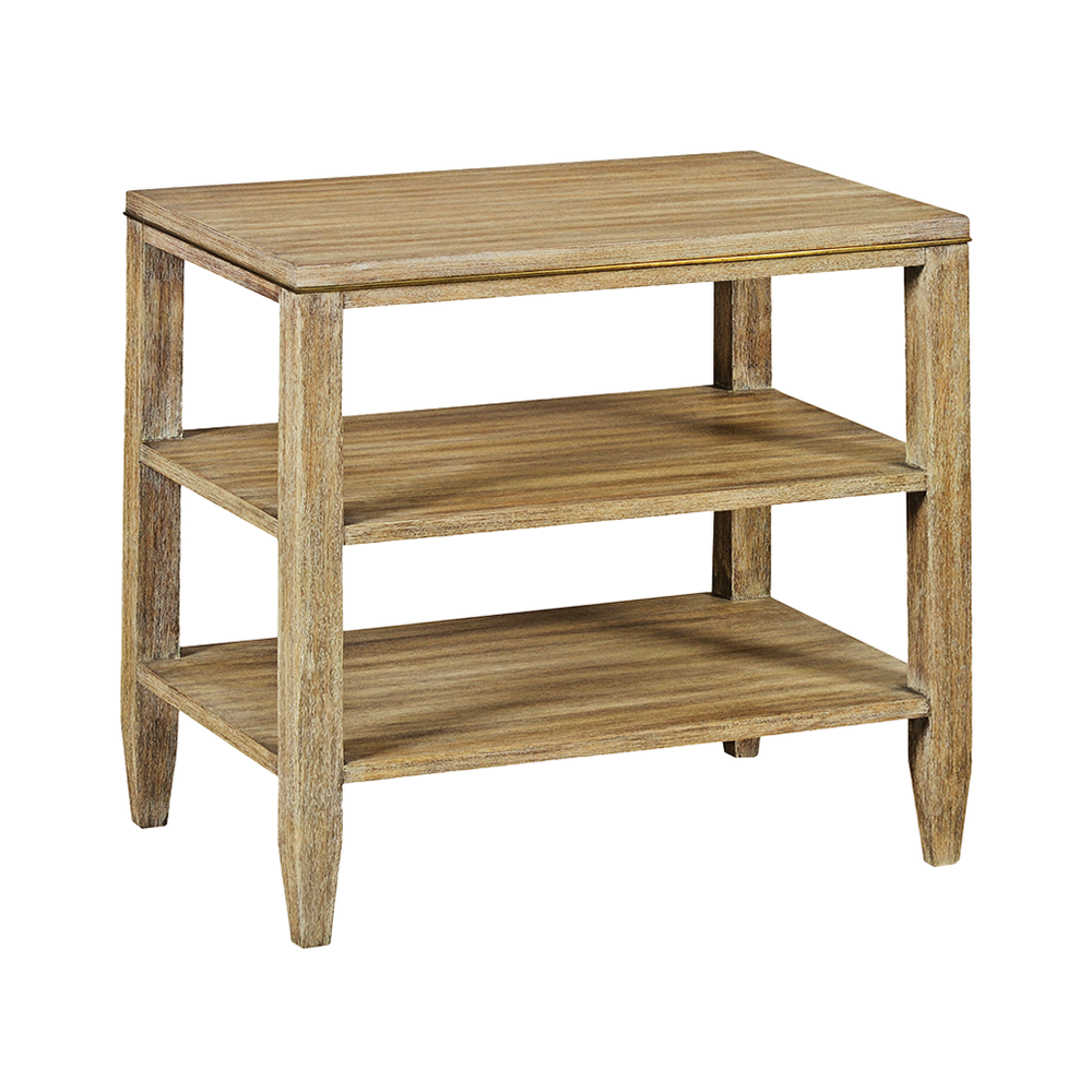 Canby Side Table, shown in light beige and warm tan with wood, acacia veneer, and two open lower shelves.