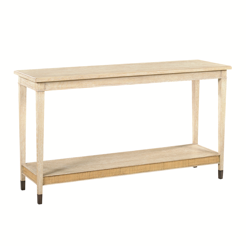 Carrick Console Table, shown in light beige and warm sand with wood, raffia, and full-length lower open shelf.