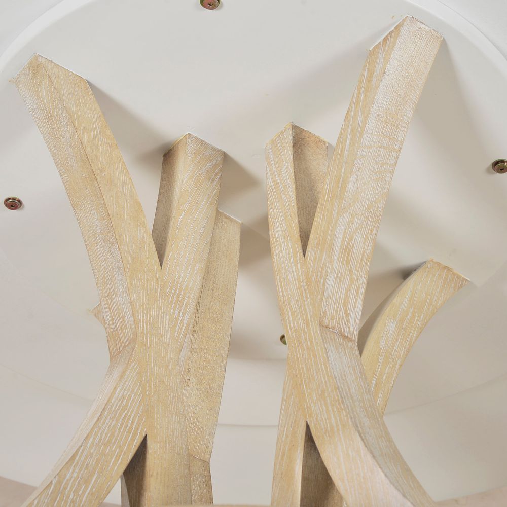 Kirkwood Dining Table, shown in light beige and natural oak with wood and fixed pedestal base.
